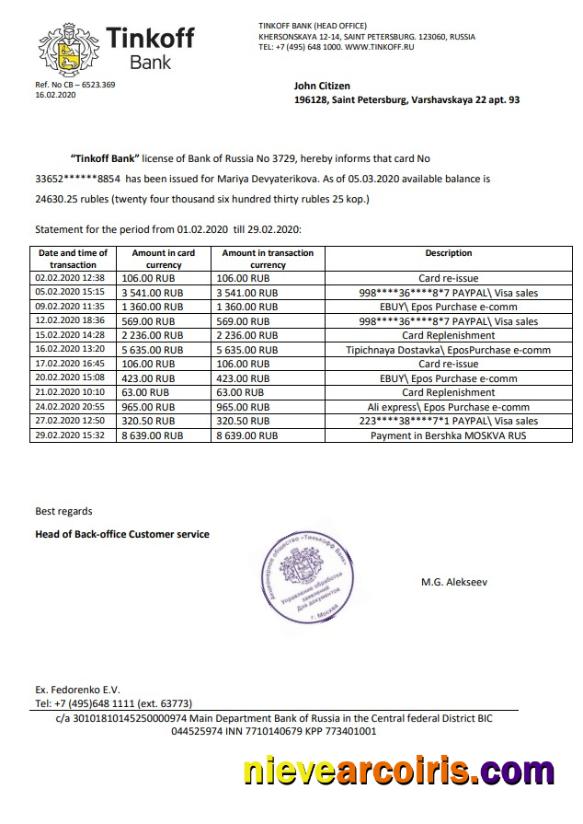 Russia Tinkoff bank proof of address statement in Word and PDF format (.doc and .pdf)